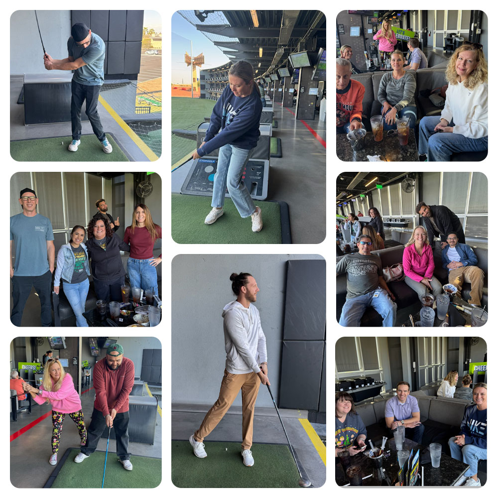 Top Golf Collage-12-3-2025 Employees sitting together and playing golf.