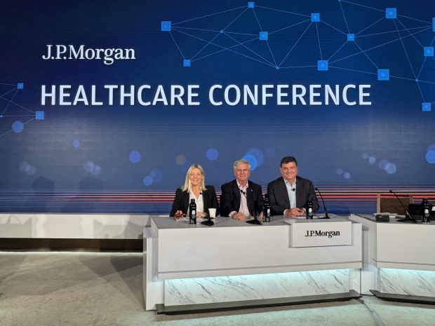 Senior Director of Investor Relations Ashley Stockton, Guardian President, CEO Fred Burke, EVP and CFO David Morris sitting for a panel at the JP Morgan Healthcare Conference.