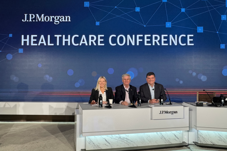 Senior Director of Investor Relations Ashley Stockton, Guardian President, CEO Fred Burke, EVP and CFO David Morris sitting for a panel at the JP Morgan Healthcare Conference.