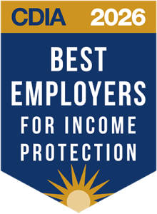 CDIA 2026 Best Employers for Income Protection badge with a gold top bar, blue field, and sun emblem.